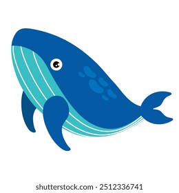 Adorable ballena azul con el vientre rayado y los ojos grandes en la Ilustración vectorial del estilo de la historieta