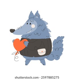 Adorable blue wolf wearing a sweater, holding an orange heart balloon with a happy expression. Perfect for love, friendship, and Valentines themes. Cute Cartoon Wolf Holding a Heart Balloon