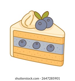 Adorable Blueberry Shortcake Slice Illustration with Whipped Cream and Fruit Filling in Pastel Style