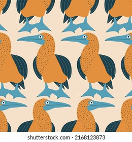 Adorable blue-footed boobies hand drawn vector illustration. Funny colorful birds in flat style seamless pattern for fabric or wallpaper.