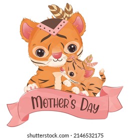 Adorable Bohemian Animals Mom  Baby Illustration