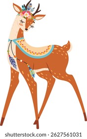 Adorable boho deer wearing a poncho with ethnic patterns and a colorful feather headdress, perfect for children book illustrations, nursery decorations, apparel prints, or greeting cards