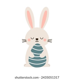 Adorable boho Easter bunny with egg. Cartoon rabbit character for kids cards, baby shower, invitation, poster. Vector stock illustration