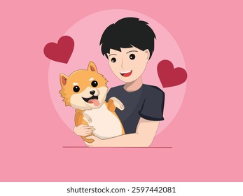 Adorable Bond Between a Boy and His Happy Dog in a Cute Cartoon Illustration