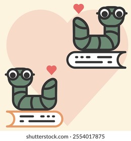 Adorable bookworm logo featuring a cheerful green worm with glasses, sitting on a book, surrounded by hearts. Perfect for libraries, bookshops, educational platforms, or reading-related content.