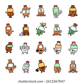 Adorable bottle character set showing emotions and activities like sleeping, chatting, eating popcorn, holding ice cream, reading books and celebrating valentines day