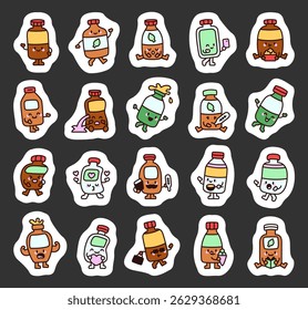 Adorable bottle character set showing emotions and activities like sleeping, chatting, eating popcorn, holding ice cream, reading books and celebrating valentines day