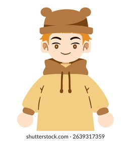 Adorable boy in cozy yellow hoodie and hat - winter season clipart