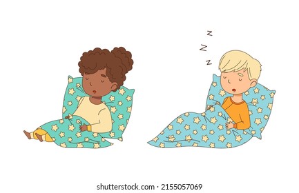 Adorable boy and girl sleeping in bed cartoon vector illustration