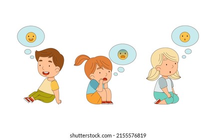 Adorable boy and girls sitting on floor expressing different emotions cartoon vector illustration