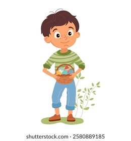 Adorable boy holding basket full of colorful Easter eggs. Joyful Easter egg hunt. Ideal vector illustration for children's character design. Perfect for typography, greeting cards, flyers, invitations