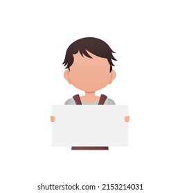 Adorable boy holding a poster. Isolated. Cartoon style. Vector illustration