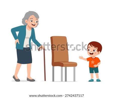 An adorable boy offering a chair to a smiling happy elderly woman showing kindness and respect