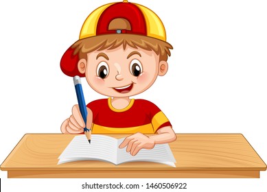 Adorable boy on isolated white background - writing at school illustration