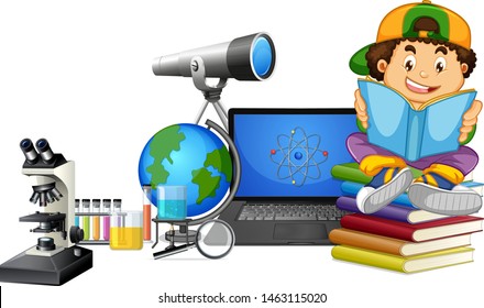 Adorable boy on isolated white background with science STEM theme illustration