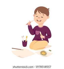 Adorable Boy Sitting on Floor and Drawing with Felt Tip Pens, Cute Kid Creative Activity Cartoon Vector Illustration