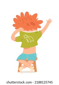 Adorable boy wearing cotton tshirt vector illustration. Cartoon isolated cute funny redhead kid sitting on chair to wear summer clothes, independent student of elementary school dressing himself