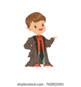 Adorable Boy Wearing Dult Oversized Suit, Kid Pretending To Be Adult Vector Illustration