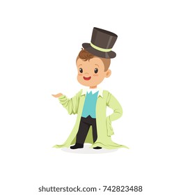 Adorable boy wearing dult oversized clothes and black top hat, kid pretending to be adult vector Illustration