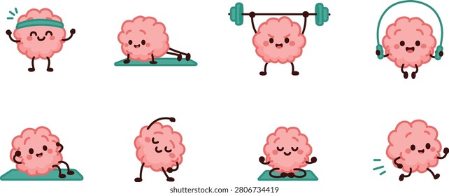 Adorable brain cartoon character doing different fitness exercises including running, yoga, meditation, weightlifting, stretching, and jumping rope.