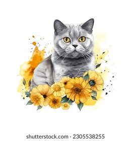 Adorable British Shorthair Cat with Sunflowers Watercolor Vector Illustration