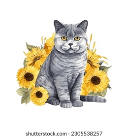 Adorable British Shorthair Cat with Sunflowers Watercolor Vector Illustration