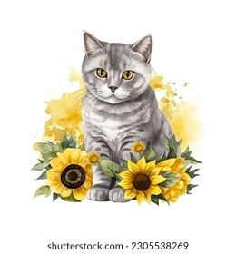 Schöne Britische Kurzhaarkatze mit Sonnenblumen Aquarell Vektorgrafik