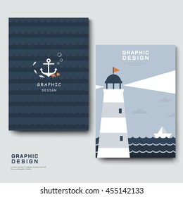 adorable brochure template design with lighthouse and boat