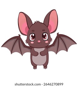 Adorable brown bat flying with wide wings and brown eyes, perfect for Halloween decorations and spooky themed designs.