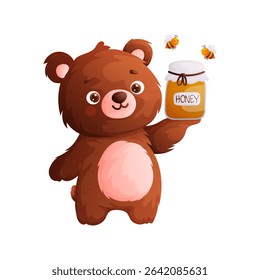 Adorable brown bear cartoon character holding a jar of honey with label, with happy bees flying around. Perfect for childrens illustration, sweet treat or honey theme.