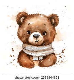 Adorable brown bear with a cozy scarf sits cheerfully in a snowy landscape, radiating warmth and charm in a whimsical atmosphere, artistic watercolor illustration