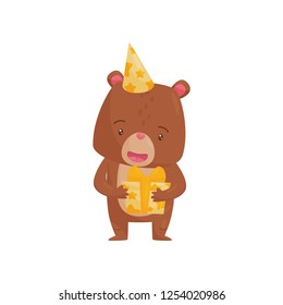 Adorable brown bear holding preset in paws. Humanized forest animal. Flat vector element for Birthday postcard