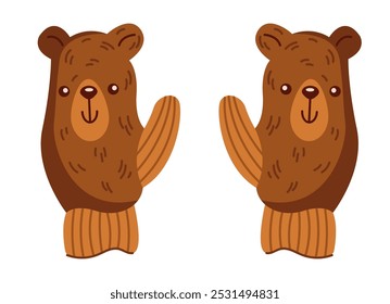 Adorable brown bear shaped gloves flat color vector object. Happily animal faces on hand warming accessories illustration on white