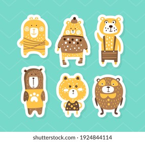 Adorable Brown Bears Stickers Collection, Cute Little Bear Characters Patches Hand Drawn Vector Illustration