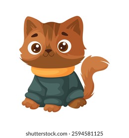 Adorable brown cartoon cat sitting calmly, dressed in a cozy green sweater with a yellow collar, on a white background. Cute Cartoon Brown Cat in Cozy Sweater