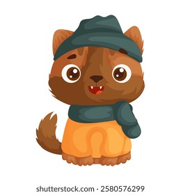 Adorable brown cartoon cat wearing a cozy winter outfit with a hat and scarf, sitting happily on a white background. Perfect for designs. Cute Cartoon Brown Cat in Winter Outfit