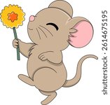 Adorable brown cartoon mouse holding a blooming flower with a cheerful smile. Kawaii style vector illustration