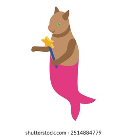 Adorable brown cat mermaid with pink tail holding magic wand isometric icon isolated on white background