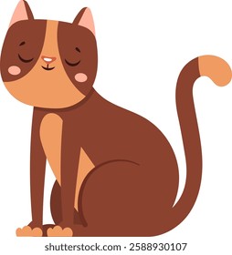 Adorable brown cat sitting peacefully with closed eyes, gently raising its tail, embodying a heartwarming and tranquil atmosphere, radiating comfort and warmth