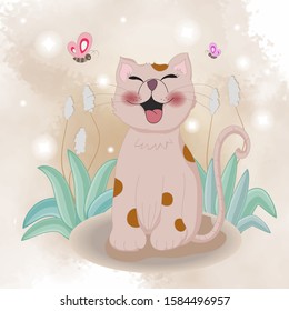 adorable brown cat smiling and grass ,butterfly , wallpaper and many more,animal illustration for kids project, fabric, scrapbooking, crafting