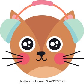 Adorable brown cat wearing winter earmuffs, looking forward with large, expressive eyes and pink cheeks, a charming and heartwarming illustration