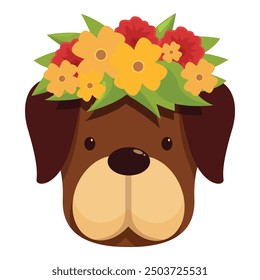 Adorable brown dog wearing a crown of colorful flowers