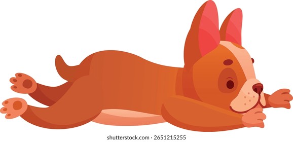 Adorable brown French bulldog puppy lying down and stretching its paws, playfully waiting in a cheerful pose, isolated on a bright white background, illustrated in a charming cartoon style