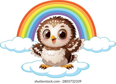 Adorable brown owlet stands on fluffy white clouds beneath a vibrant multi-colored rainbow arch.