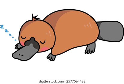 An adorable brown platypus peacefully sleeping on a white background. Available in vector format and can be used for stickers.