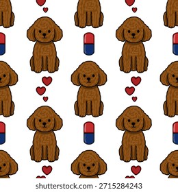 Adorable patrón de Vector de ilustración de caniche marrón con corazones y cápsulas.
