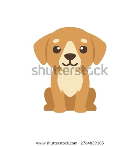 Adorable brown puppy front view illustration, cute sitting dog character with big eyes in flat vector style