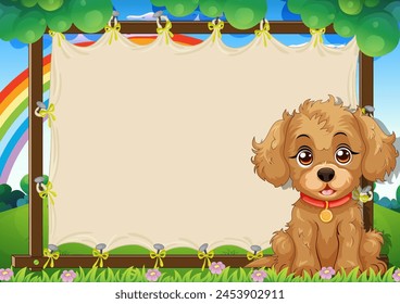 Adorable brown puppy sitting in a vibrant garden.