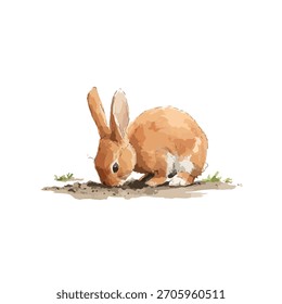 Adorable brown rabbit illustration digging in the dirt, perfect for spring, Easter, or nature-themed designs. Ideal for children's content.