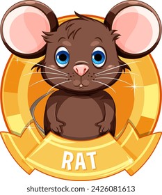 Adorable brown rat inside a shiny golden badge